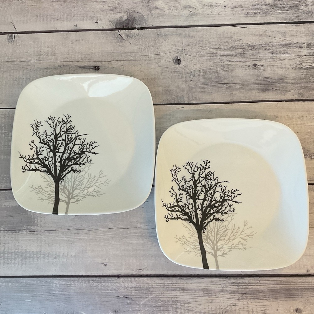 Corelle Timber Shadows Luncheon Plates Set Of 2 Square Black Gray Trees 9" Salad